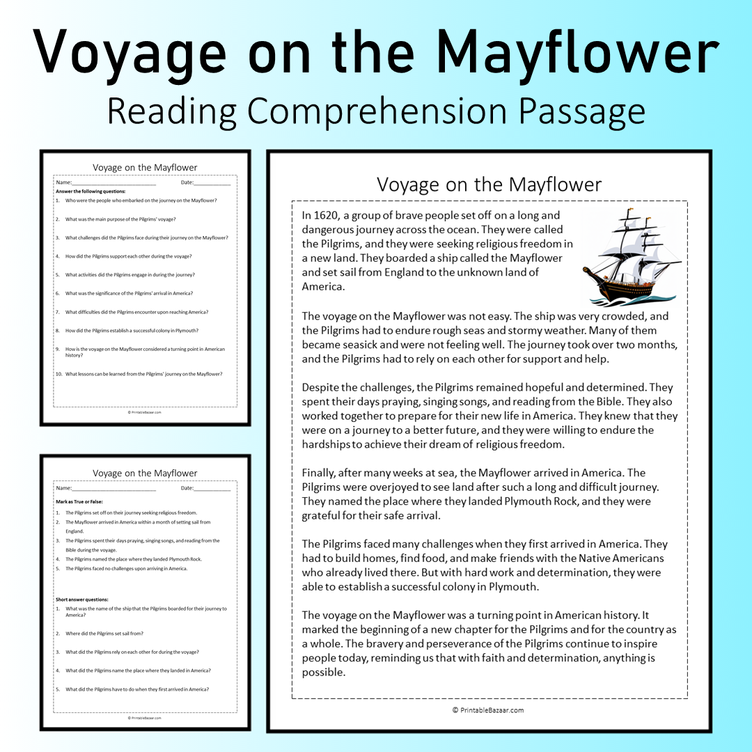 Voyage on the Mayflower | Reading Comprehension Passage Printable Worksheet