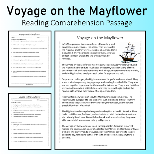 Voyage on the Mayflower | Reading Comprehension Passage Printable Worksheet