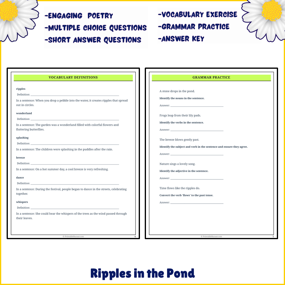 Ripples in the Pond | Poem Grammar Worksheet Printable Activity