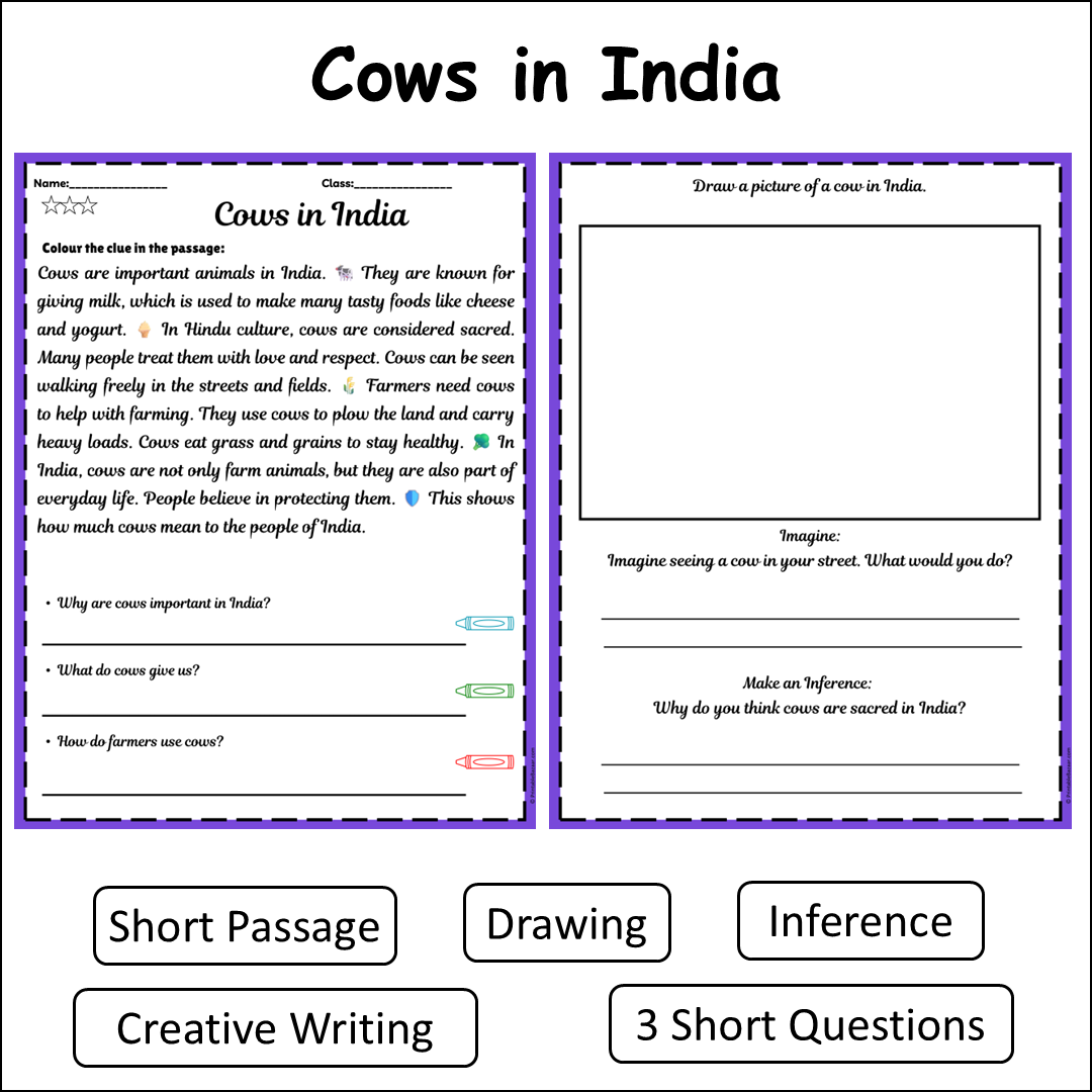 Cows in India | Short Reading Comprehension Creative Worksheet