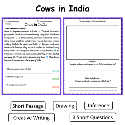 Cows in India | Short Reading Comprehension Creative Worksheet