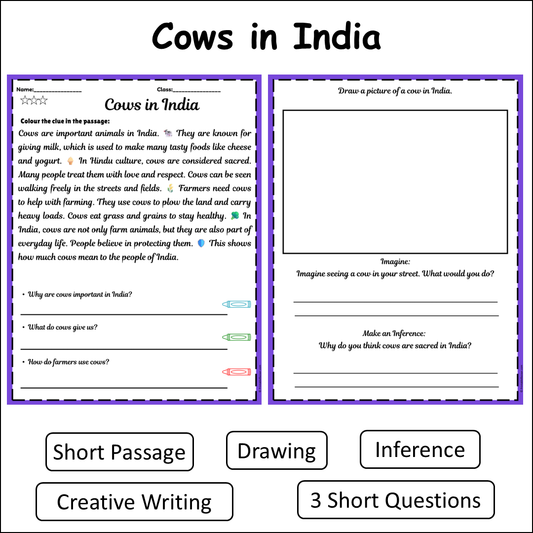 Cows in India | Short Reading Comprehension Creative Worksheet