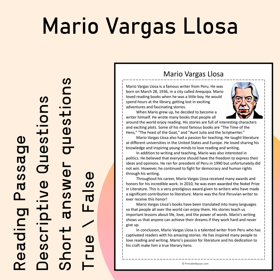 Mario Vargas Llosa | Reading Comprehension Passage Printable Activity
