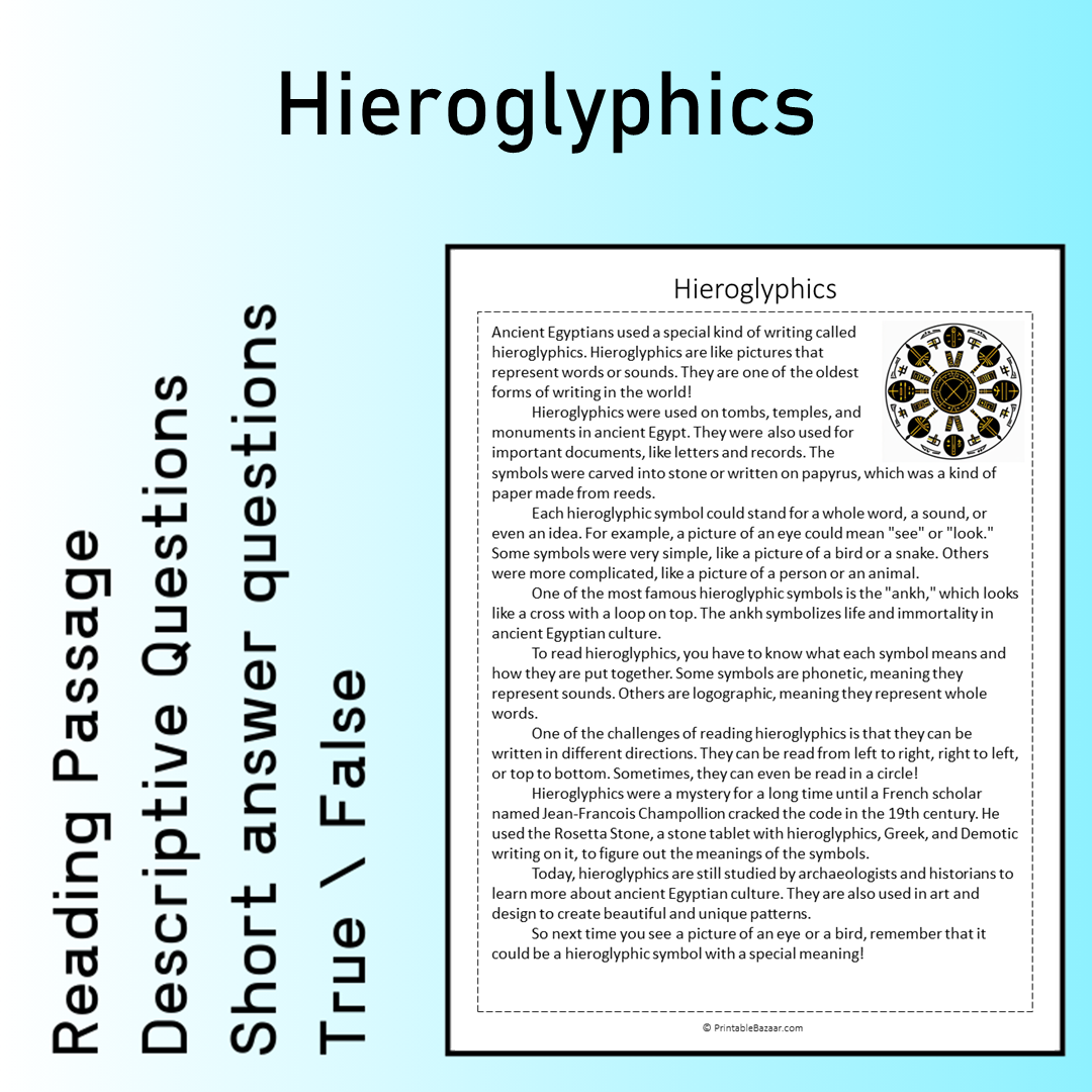Hieroglyphics | Reading Comprehension Passage Printable Worksheet