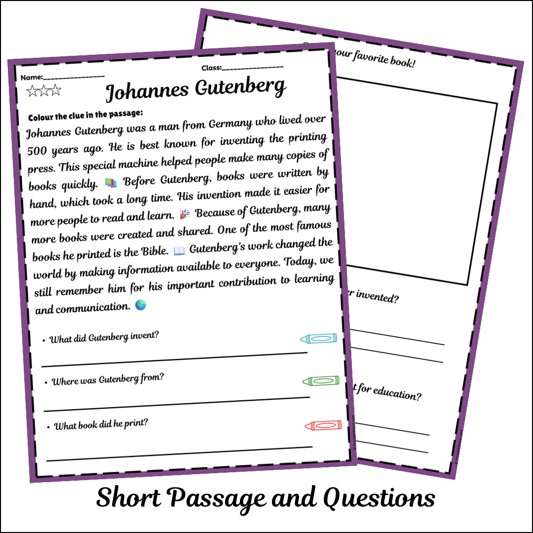 Johannes Gutenberg | Short Reading Comprehension Creative Worksheet
