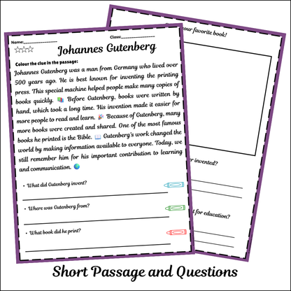 Johannes Gutenberg | Short Reading Comprehension Creative Worksheet