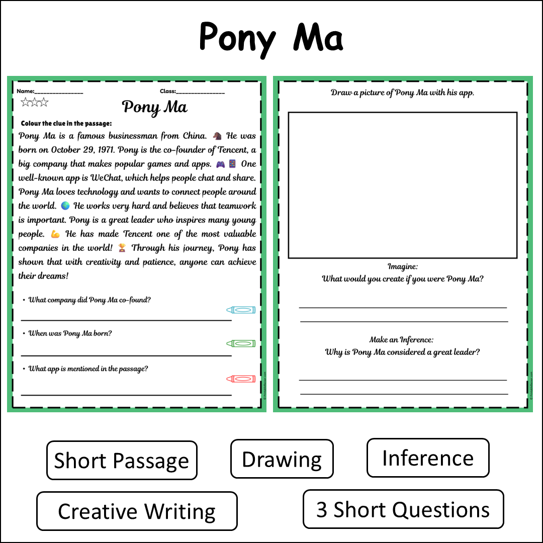 Pony Ma | Short Reading Comprehension Creative Worksheet