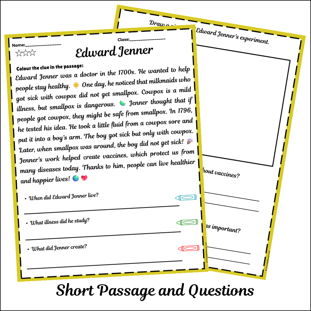 Edward Jenner | Short Reading Comprehension Creative Worksheet