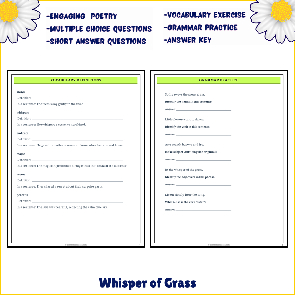 Whisper of Grass | Poem Grammar Worksheet Printable Activity