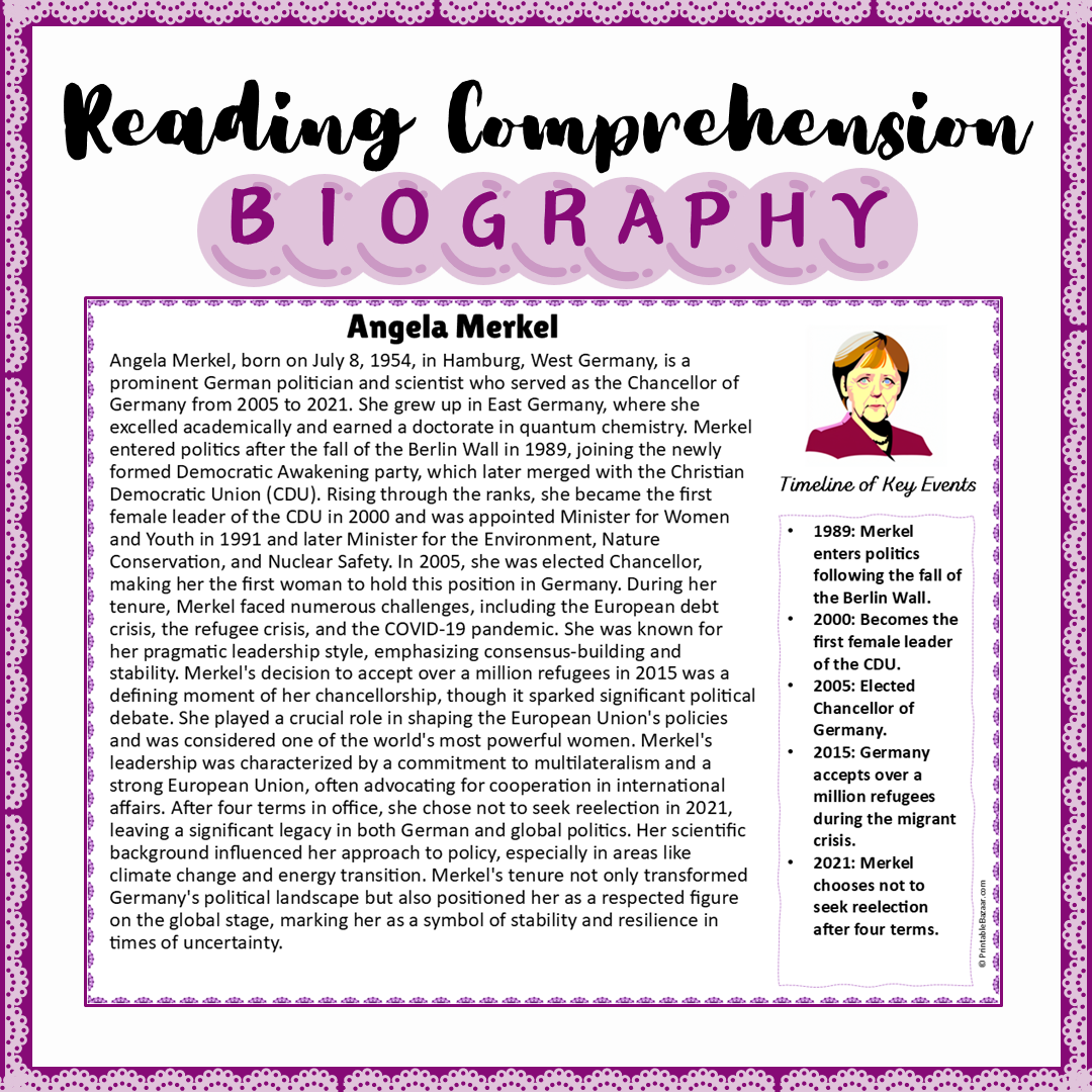 Angela Merkel | Biography Reading Comprehension and Questions Worksheet