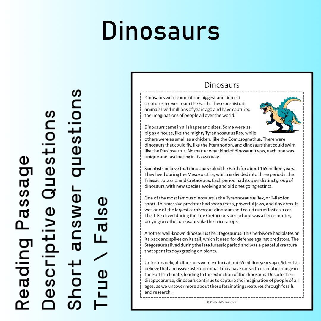 Dinosaurs | Reading Comprehension Passage Printable Worksheet