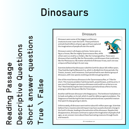 Dinosaurs | Reading Comprehension Passage Printable Worksheet