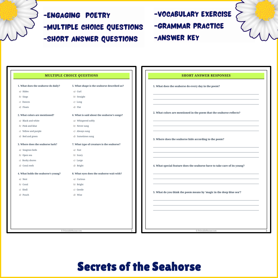 Secrets of the Seahorse | Poem Grammar Worksheet Printable Activity