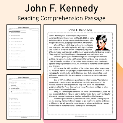 John F. Kennedy | Reading Comprehension Passage Printable Activity