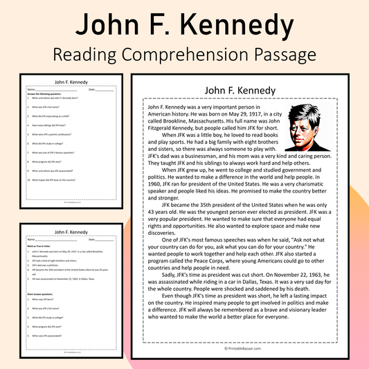 John F. Kennedy | Reading Comprehension Passage Printable Activity