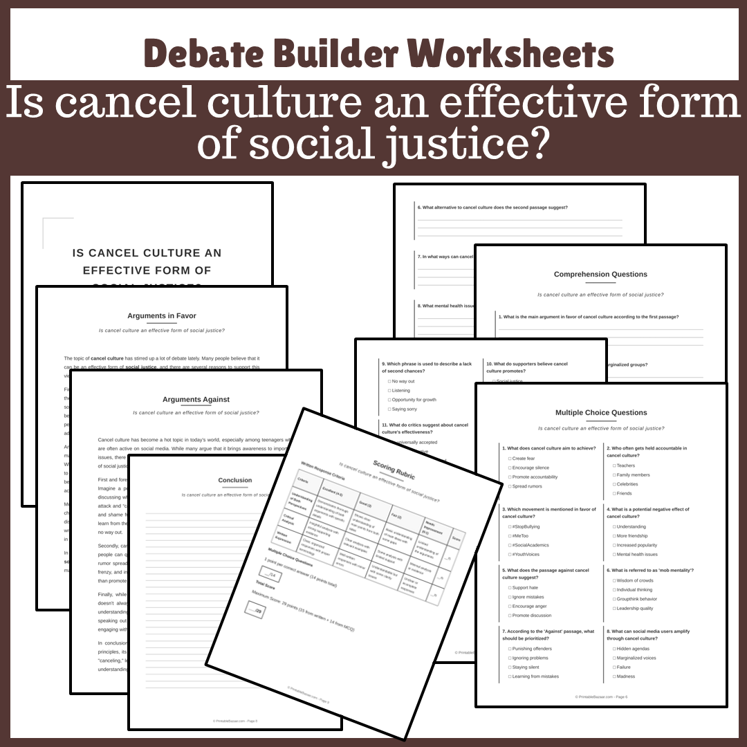 Is cancel culture an effective form of social justice? | Favour and Against Worksheet Printable Activity