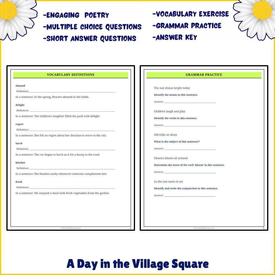 A Day in the Village Square | Poem Grammar Worksheet Printable Activity