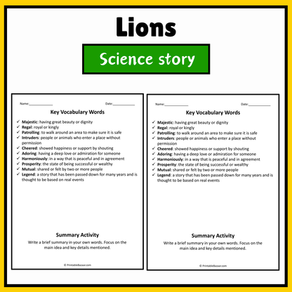 Lions | Science Story Reading Comprehension Activity