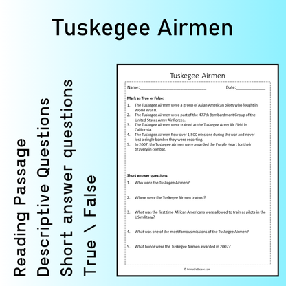 Tuskegee Airmen | Reading Comprehension Passage Printable Worksheet