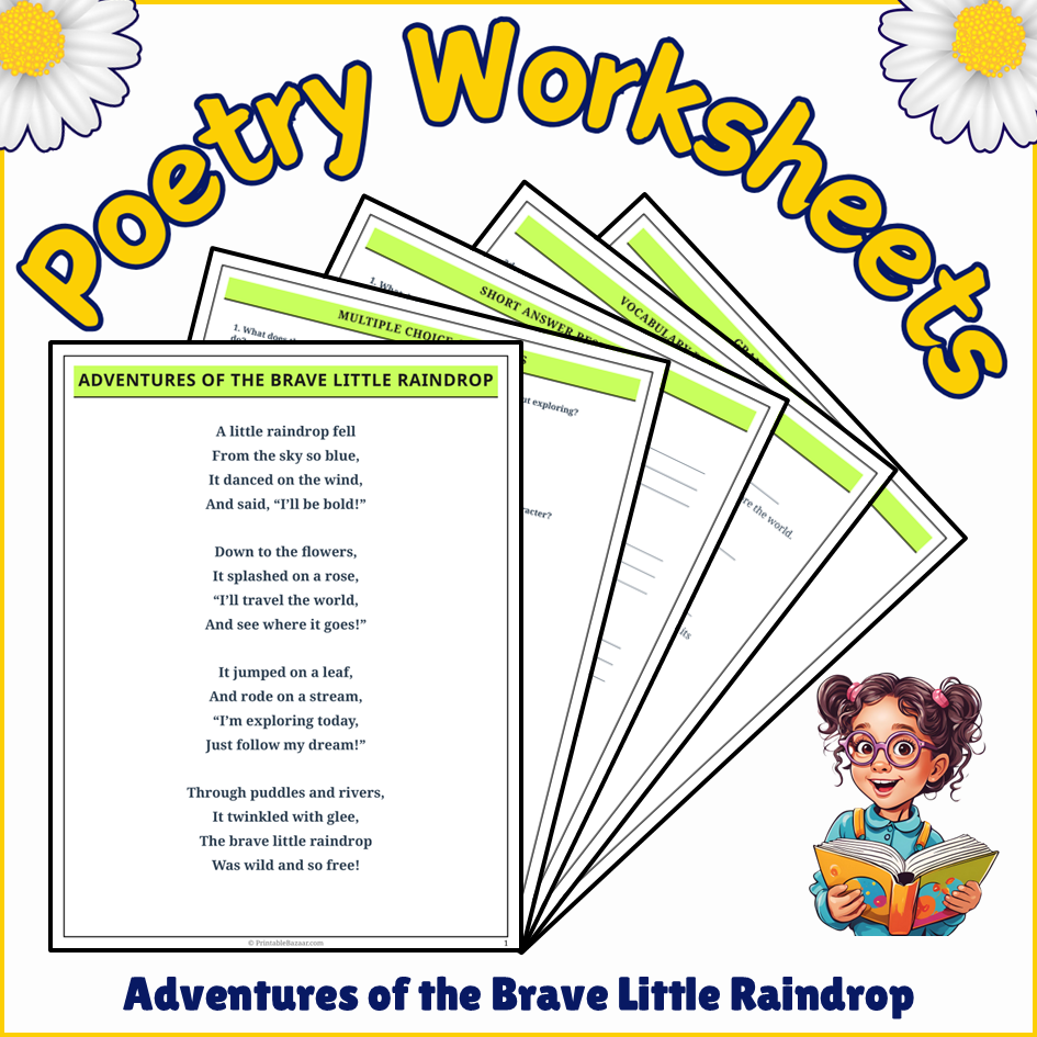 Adventures of the Brave Little Raindrop | Poem Grammar Worksheet Printable Activity