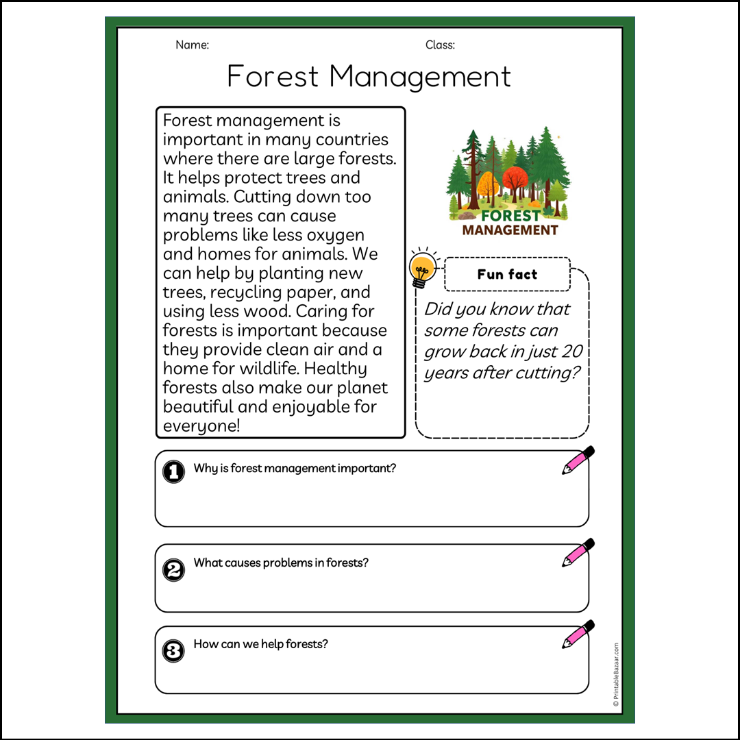 Forest Management | Reading Passage Comprehension Questions Writing Facts Worksheet