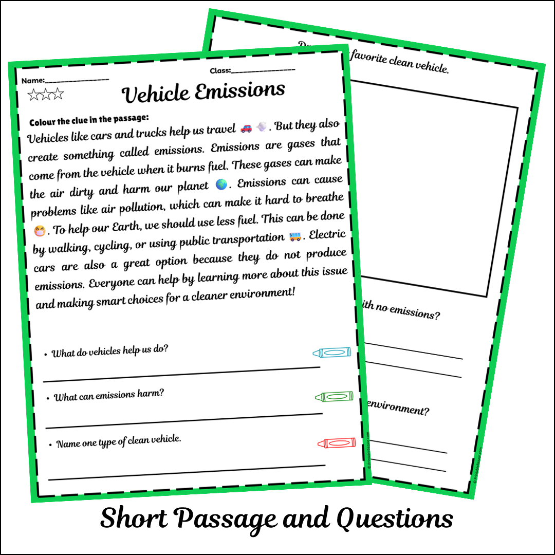 Vehicle Emissions | Short Reading Comprehension Creative Worksheet