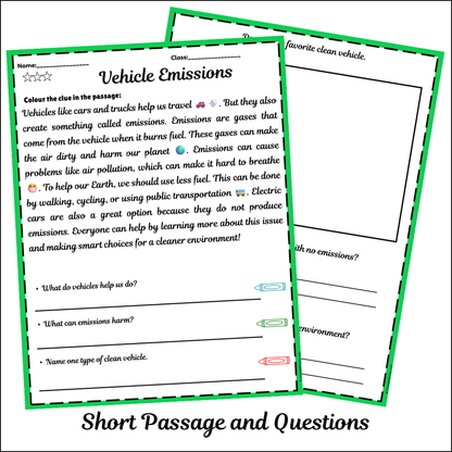 Vehicle Emissions | Short Reading Comprehension Creative Worksheet