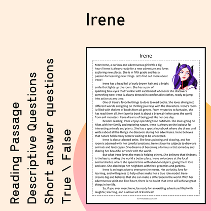 Irene | Reading Comprehension Passage Printable Activity