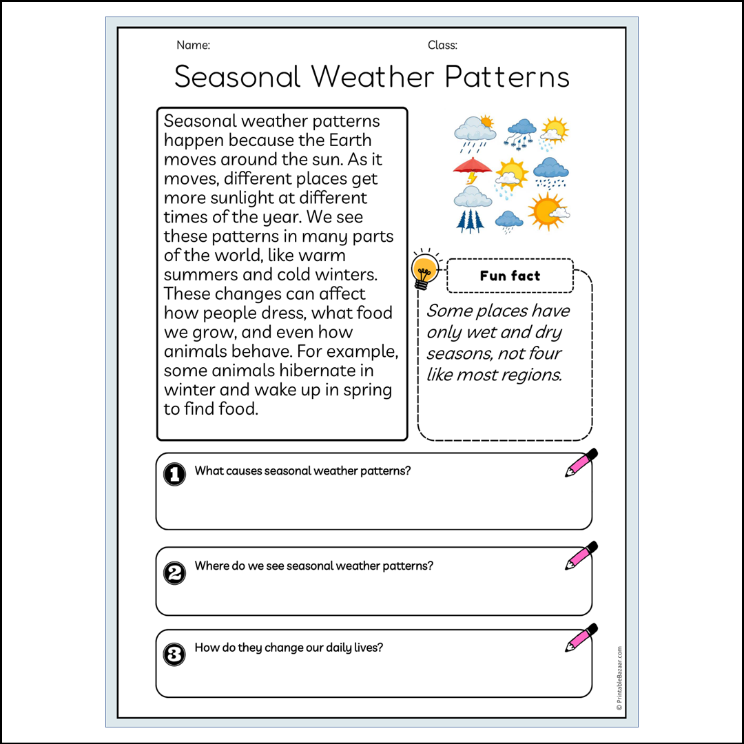 Seasonal Weather Patterns | Reading Passage Comprehension Questions Writing Facts Worksheet