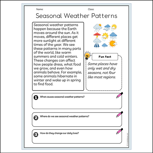 Seasonal Weather Patterns | Reading Passage Comprehension Questions Writing Facts Worksheet