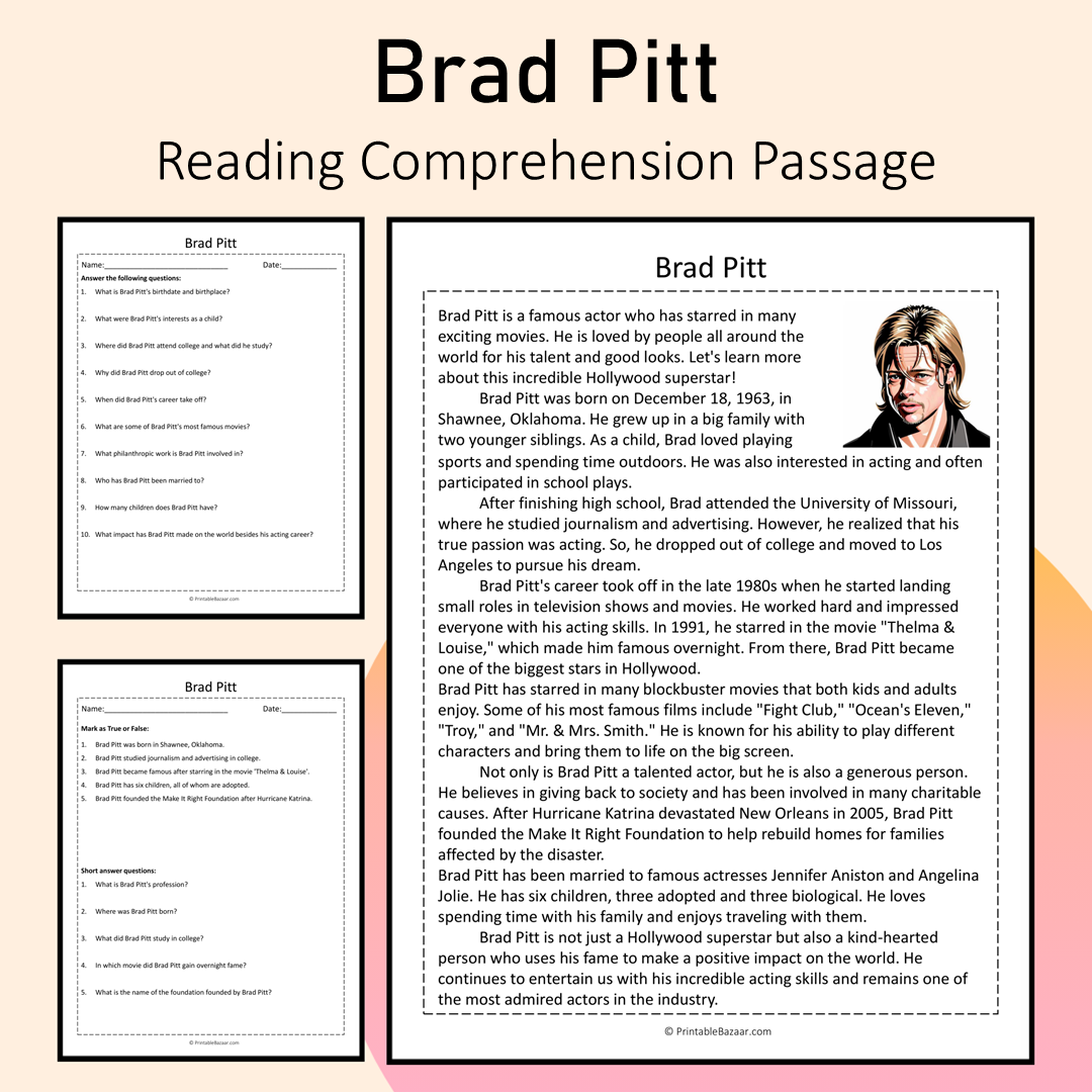 Brad Pitt | Reading Comprehension Passage Printable Activity