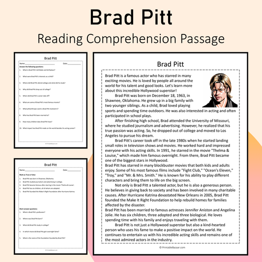 Brad Pitt | Reading Comprehension Passage Printable Activity