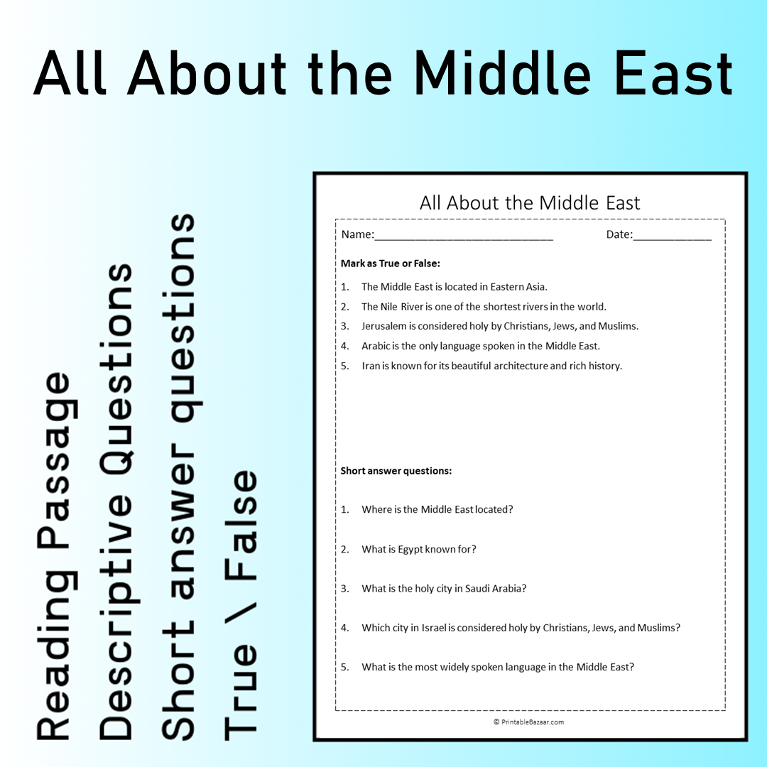 All About the Middle East | Reading Comprehension Passage Printable Worksheet