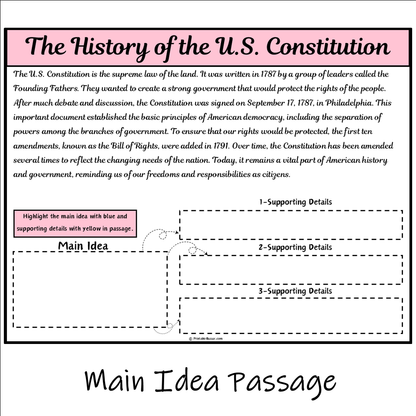 The History of the U.S. Constitution | Main Idea and Supporting Details Reading Passage and Questions