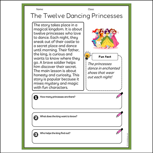 The Twelve Dancing Princesses | Reading Passage Comprehension Questions Writing Facts Worksheet