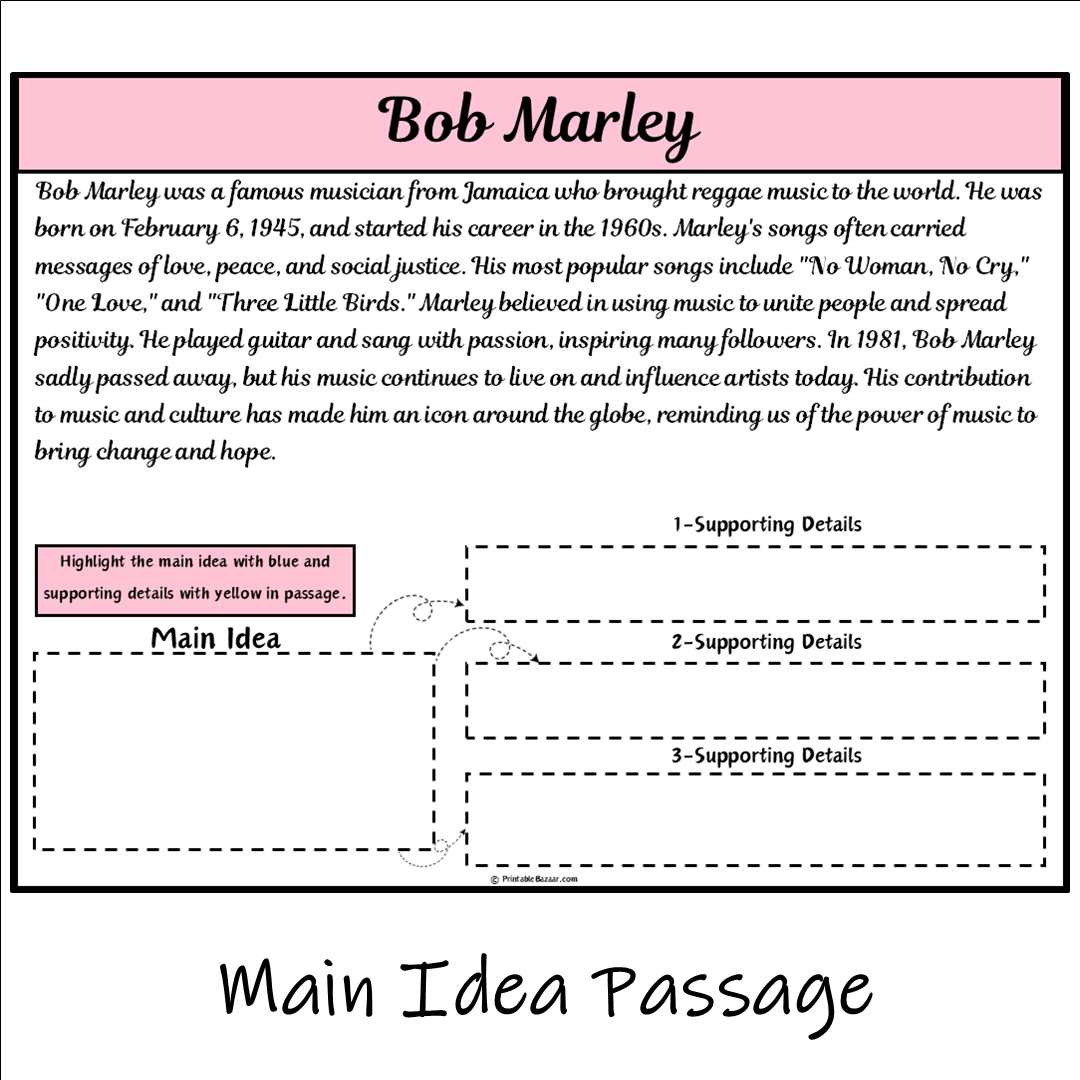 Bob Marley | Main Idea and Supporting Details Reading Passage and Questions