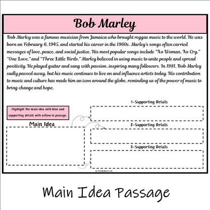 Bob Marley | Main Idea and Supporting Details Reading Passage and Questions