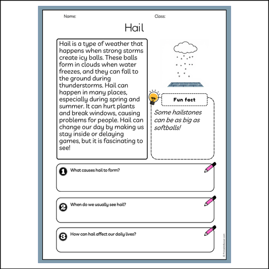 Hail | Reading Passage Comprehension Questions Writing Facts Worksheet