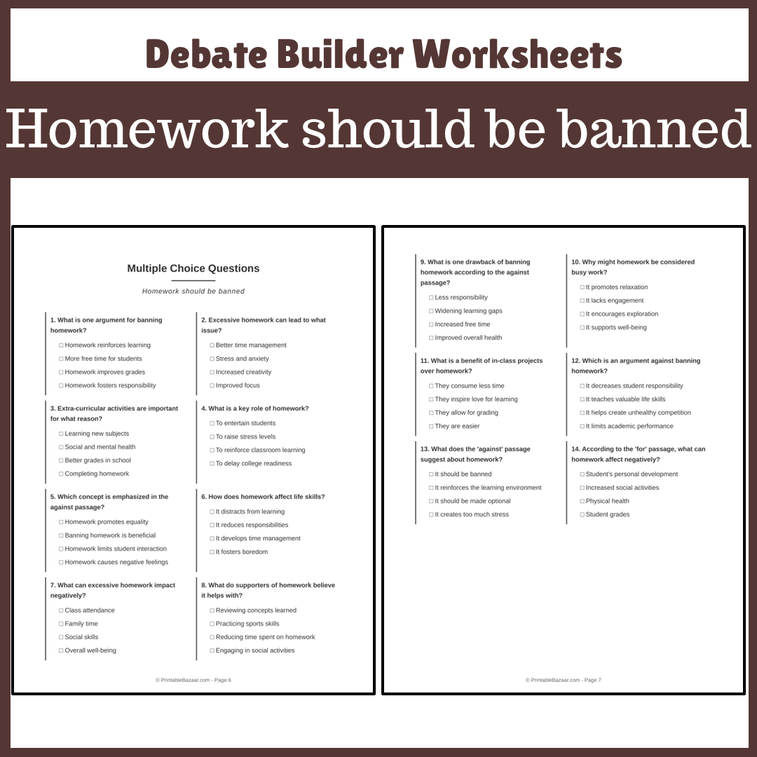 Homework should be banned | Favour and Against Worksheet Printable Activity