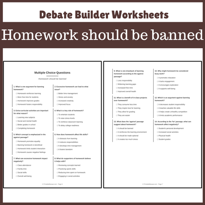 Homework should be banned | Favour and Against Worksheet Printable Activity