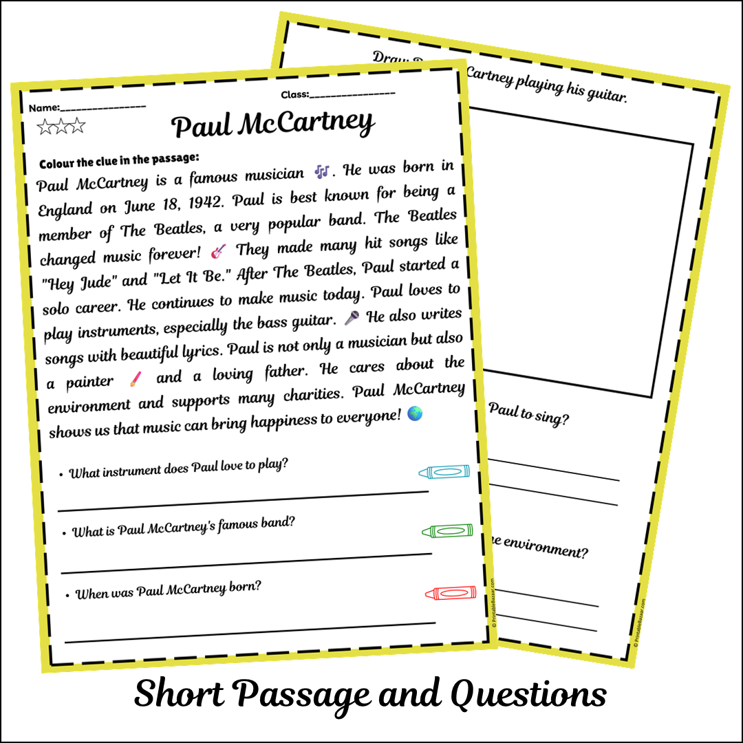 Paul McCartney | Short Reading Comprehension Creative Worksheet