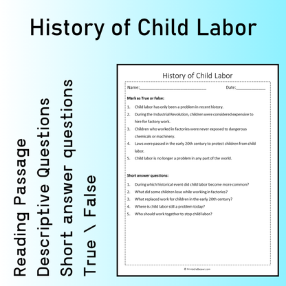 History of Child Labor | Reading Comprehension Passage Printable Worksheet