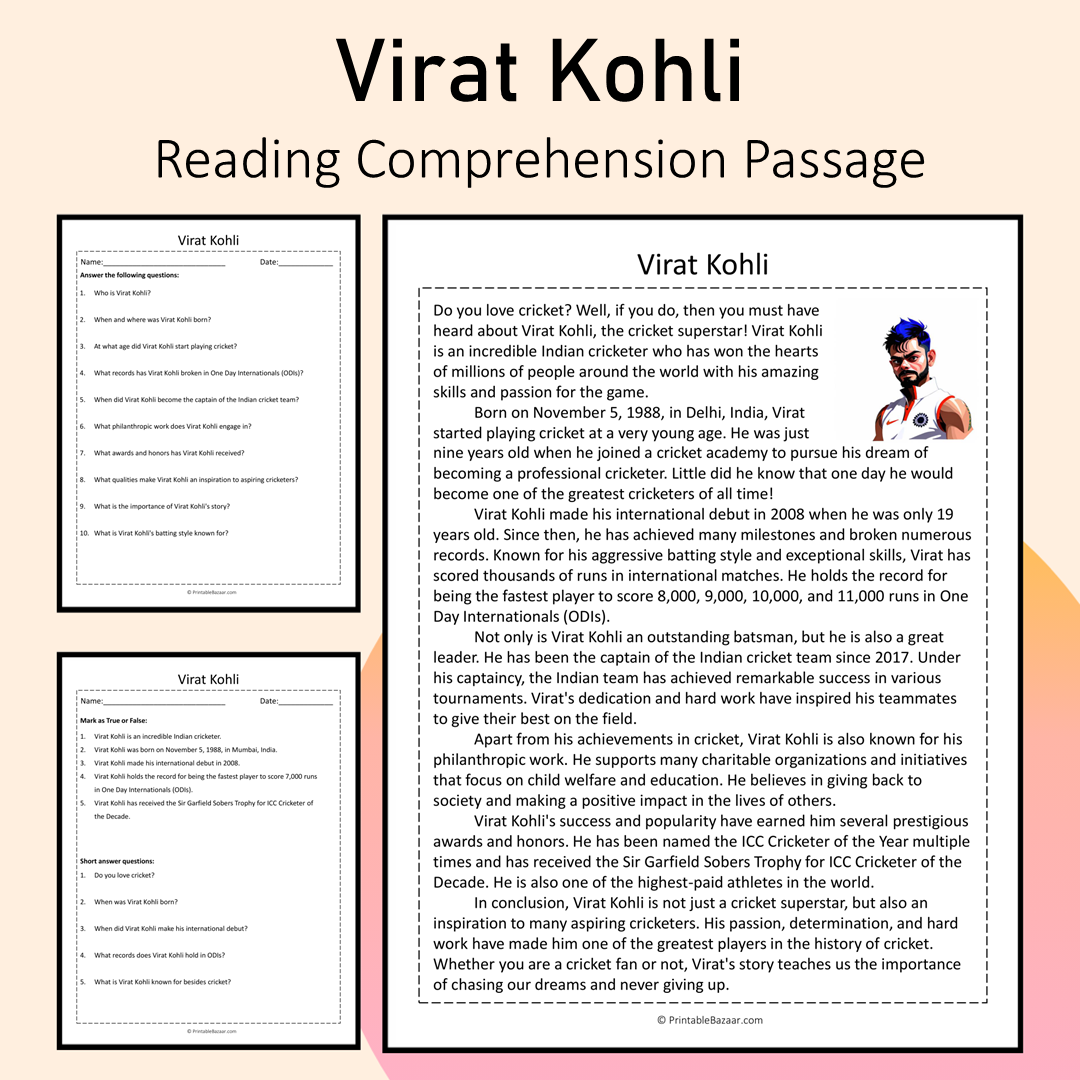 Virat Kohli | Reading Comprehension Passage Printable Activity