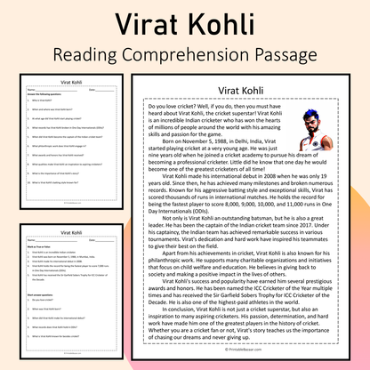 Virat Kohli | Reading Comprehension Passage Printable Activity