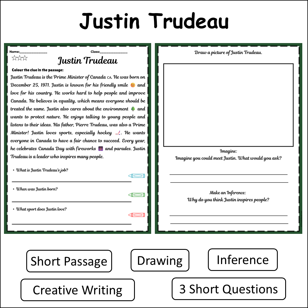 Justin Trudeau | Short Reading Comprehension Creative Worksheet