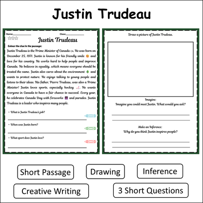 Justin Trudeau | Short Reading Comprehension Creative Worksheet