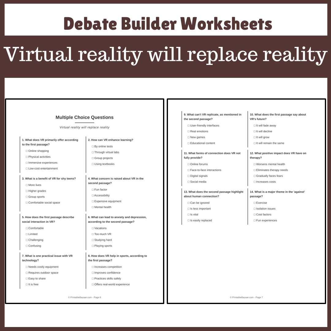 Virtual reality will replace reality | Favour and Against Worksheet Printable Activity