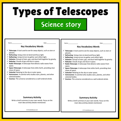 Types of Telescopes | Science Story Reading Comprehension Activity