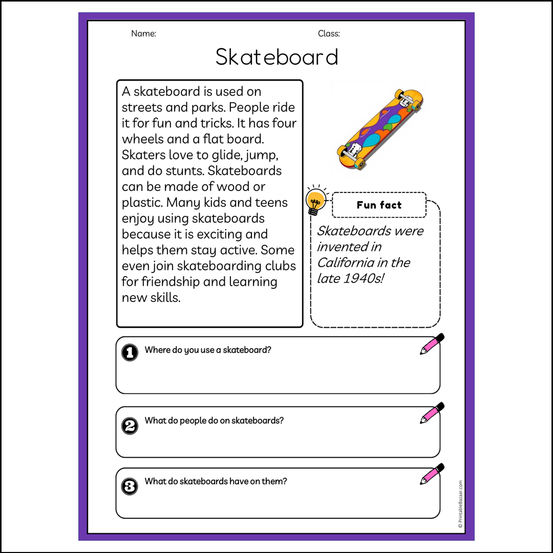 Skateboard | Reading Passage Comprehension Questions Writing Facts Worksheet