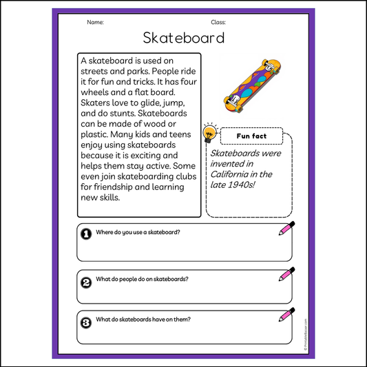 Skateboard | Reading Passage Comprehension Questions Writing Facts Worksheet